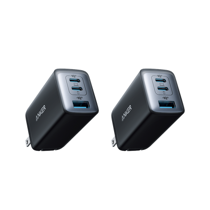 Two black Anker 735 Nano II 65W charging chargers in a 2-pack, compact and sleek for fast device charging.
