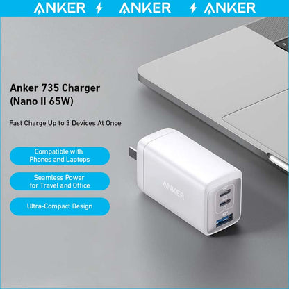 Anker 735 Nano II 65W charging-only USB-C wall chargers in black, shown as a 2-pack for fast device charging.