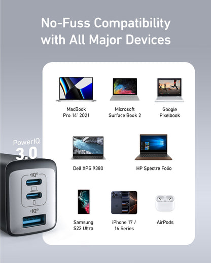Anker 735 Nano II 65W charging-only USB-C wall charger in black, compact and designed for fast device charging.