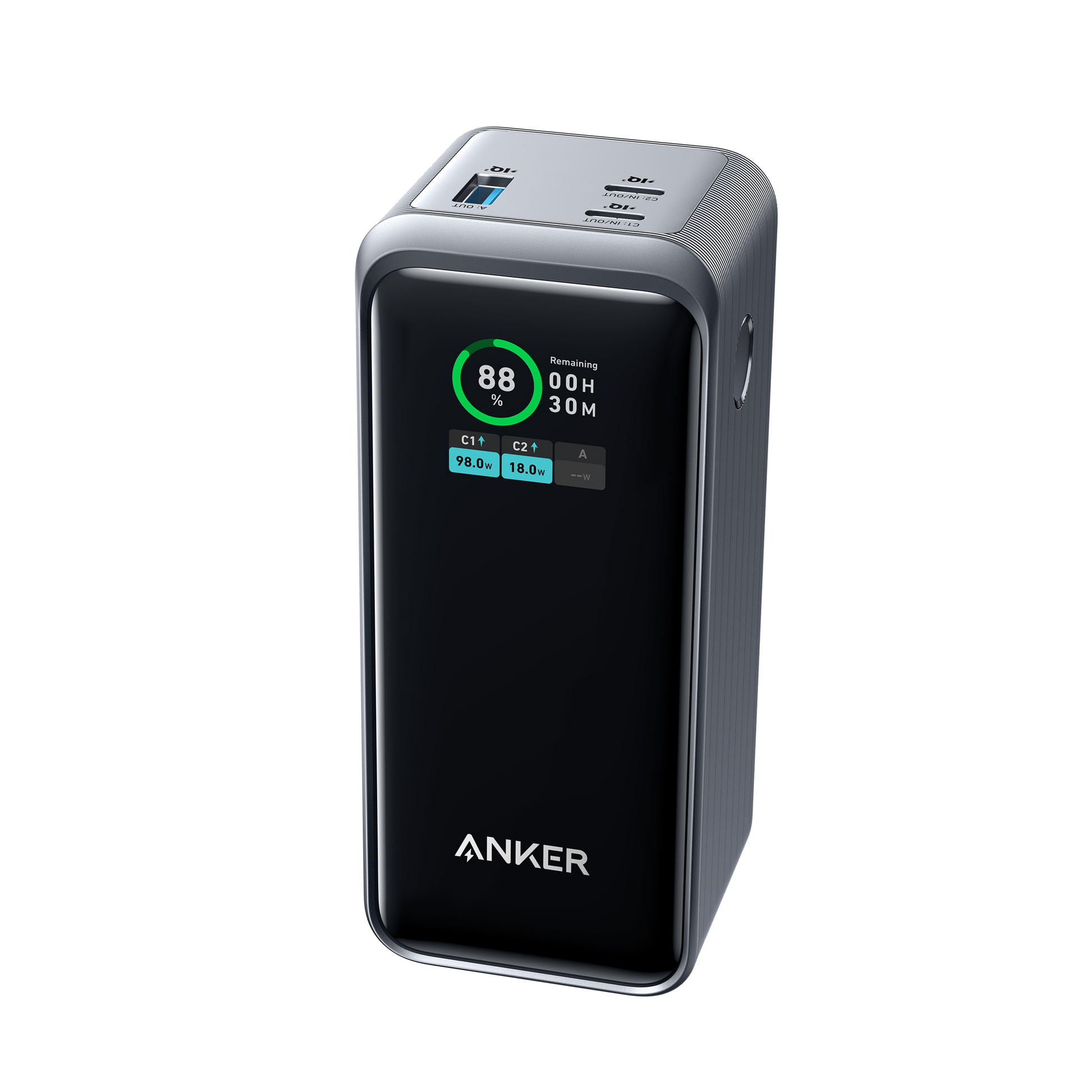Black Anker Prime Power Bank 20K 200W, portable charging device with multiple ports for fast device power delivery.