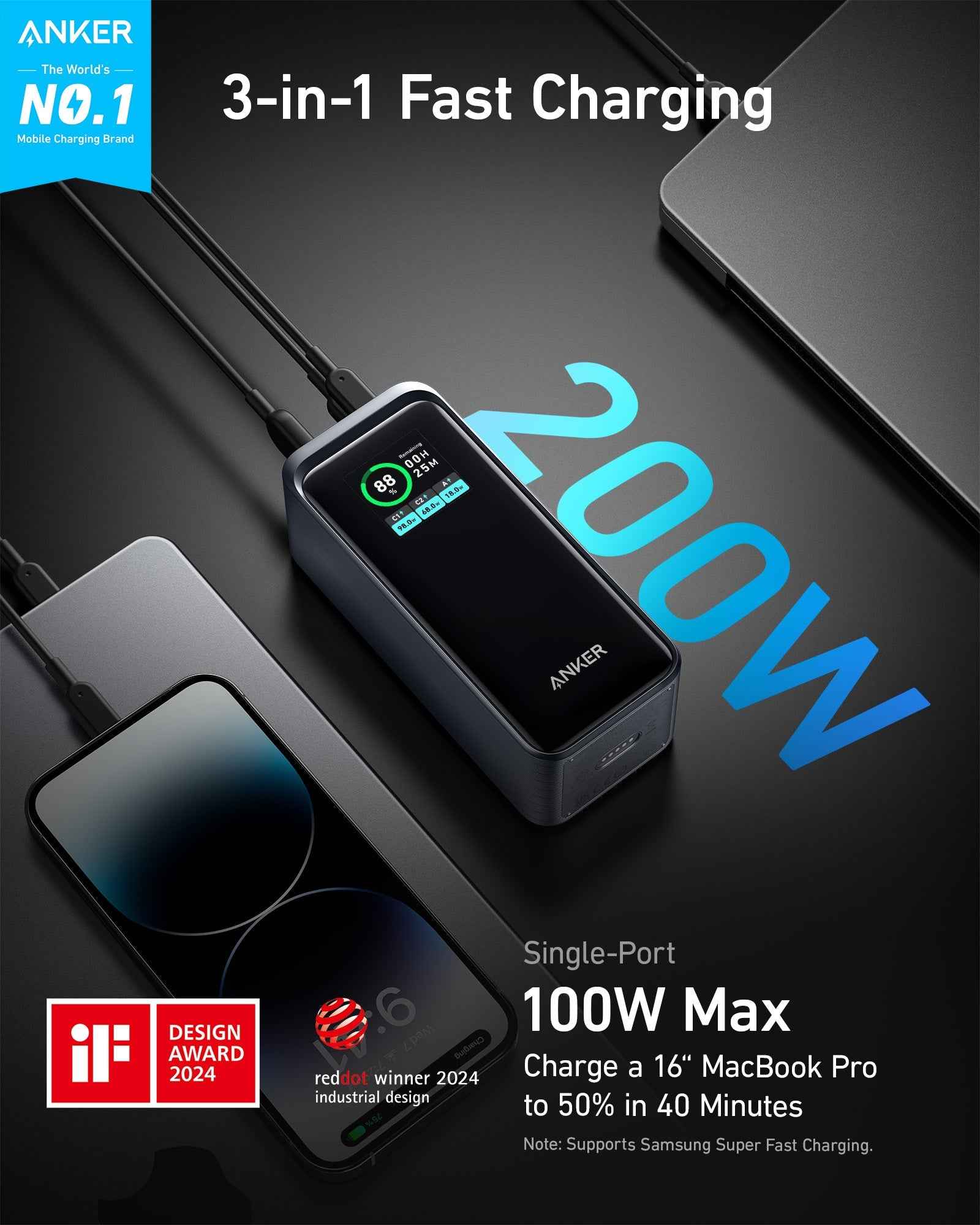 Black Anker Prime Power Bank 20K 200W charging-only device with multiple ports, compact design, and sleek appearance.