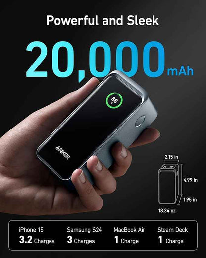 Black Anker Prime Power Bank 20K 200W for charging devices, featuring multiple ports and a sleek compact design.