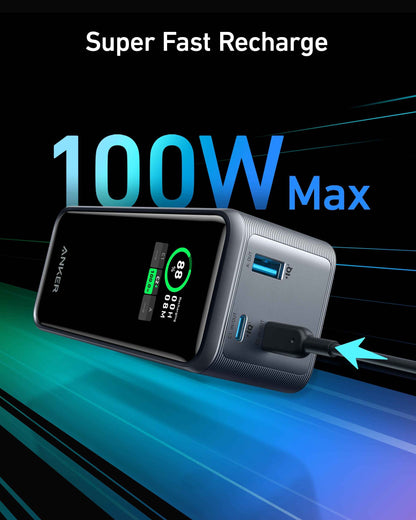 Anker Prime Power Bank 20K 200W in black, a portable charging device with multiple ports for fast device charging.
