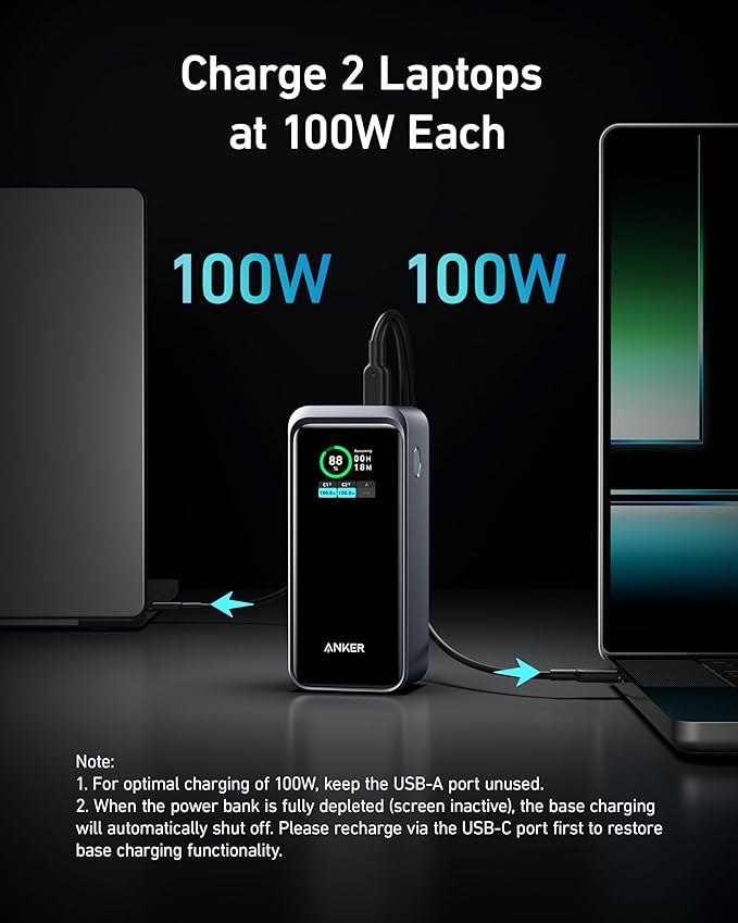Black Anker Prime Power Bank 20K 200W for charging devices, featuring a sleek design and multiple ports for fast power delivery.