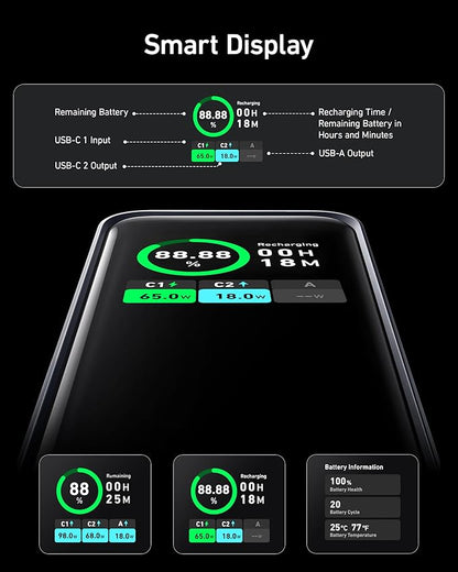 Black Anker Prime Power Bank 20K 200W portable charger with multiple USB-C ports for fast charging.