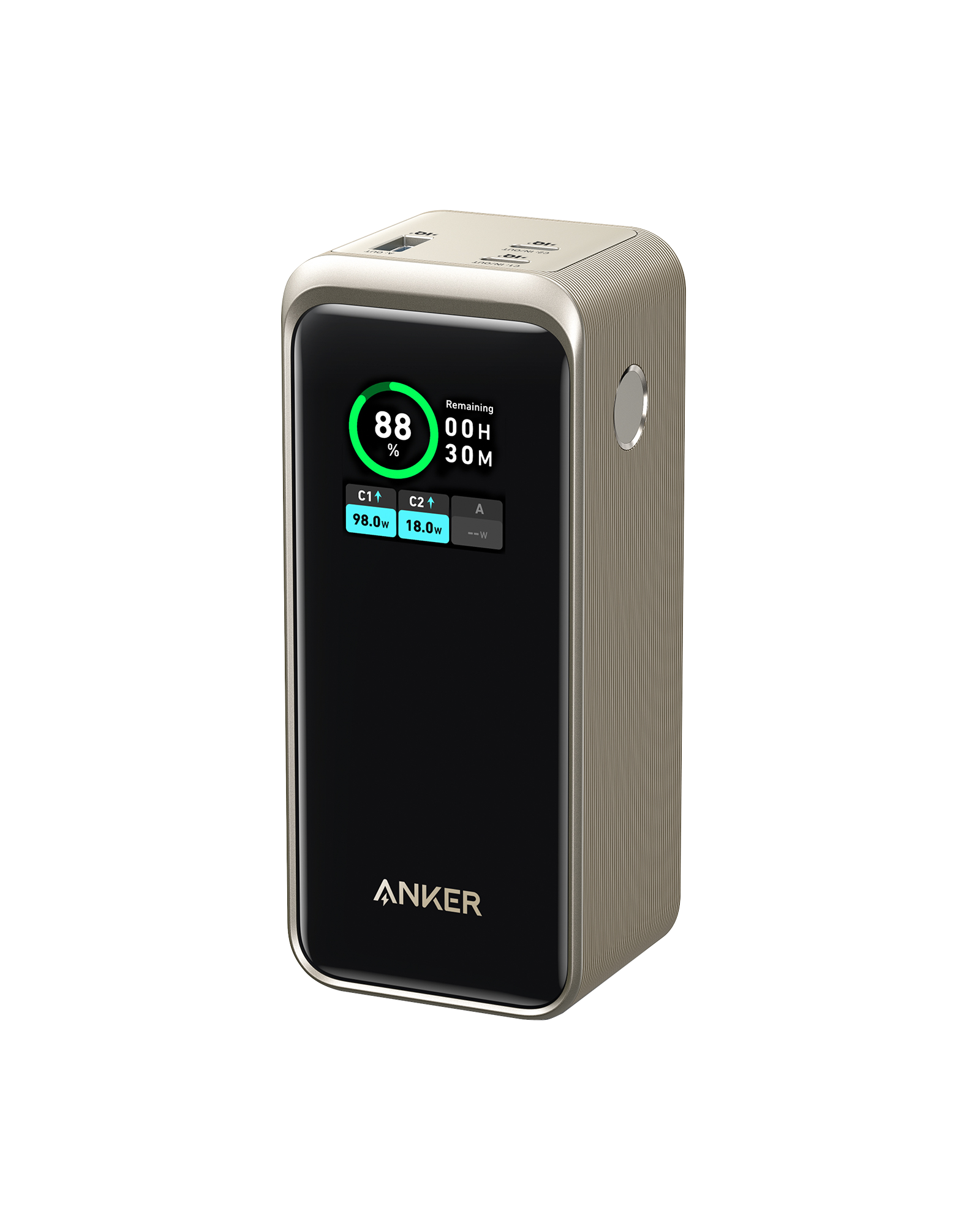 Black Anker Prime Power Bank 20K 200W charging device with sleek design and multiple output ports for portable power.