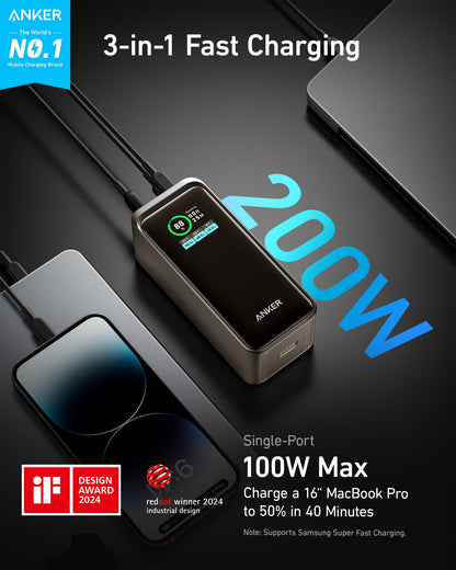 Black Anker Prime Power Bank 20K with 200W charging capacity, portable power bank for fast device charging.