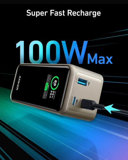 Anker Prime Power Bank 20K 200W in black, compact portable charger for fast charging devices, shown from a side view.