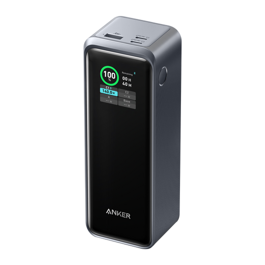 Anker Prime Power Bank 27K 250W charging device showing a sleek rectangular portable power bank with multiple ports.