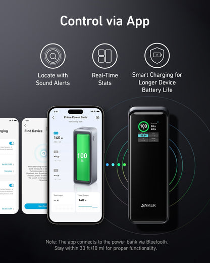 Black Anker Prime Power Bank 27K with 250W charging capacity, compact portable power bank for fast device charging.