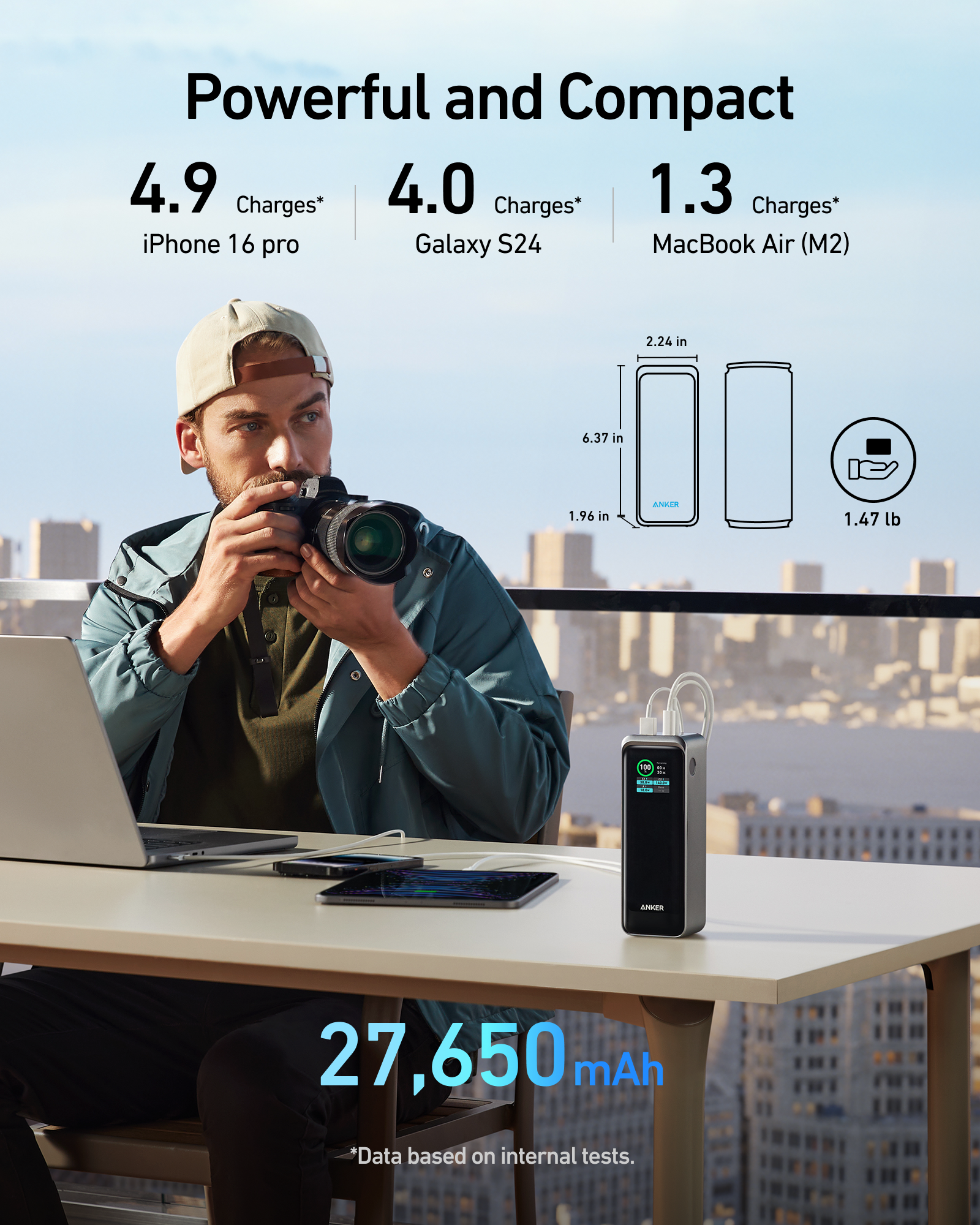 Anker Prime Power Bank 27K 250W in black, compact portable charging device for electronic gadgets, seen from side view.