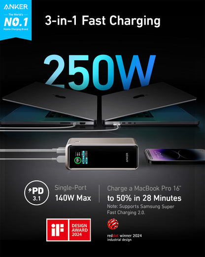 Black Anker Prime Power Bank 27K with 250W charging capacity, designed for portable power and charging devices on the go.