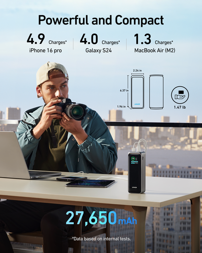 Anker Prime Power Bank 27K 250W in black, compact portable charging device with multiple ports for quick power delivery.