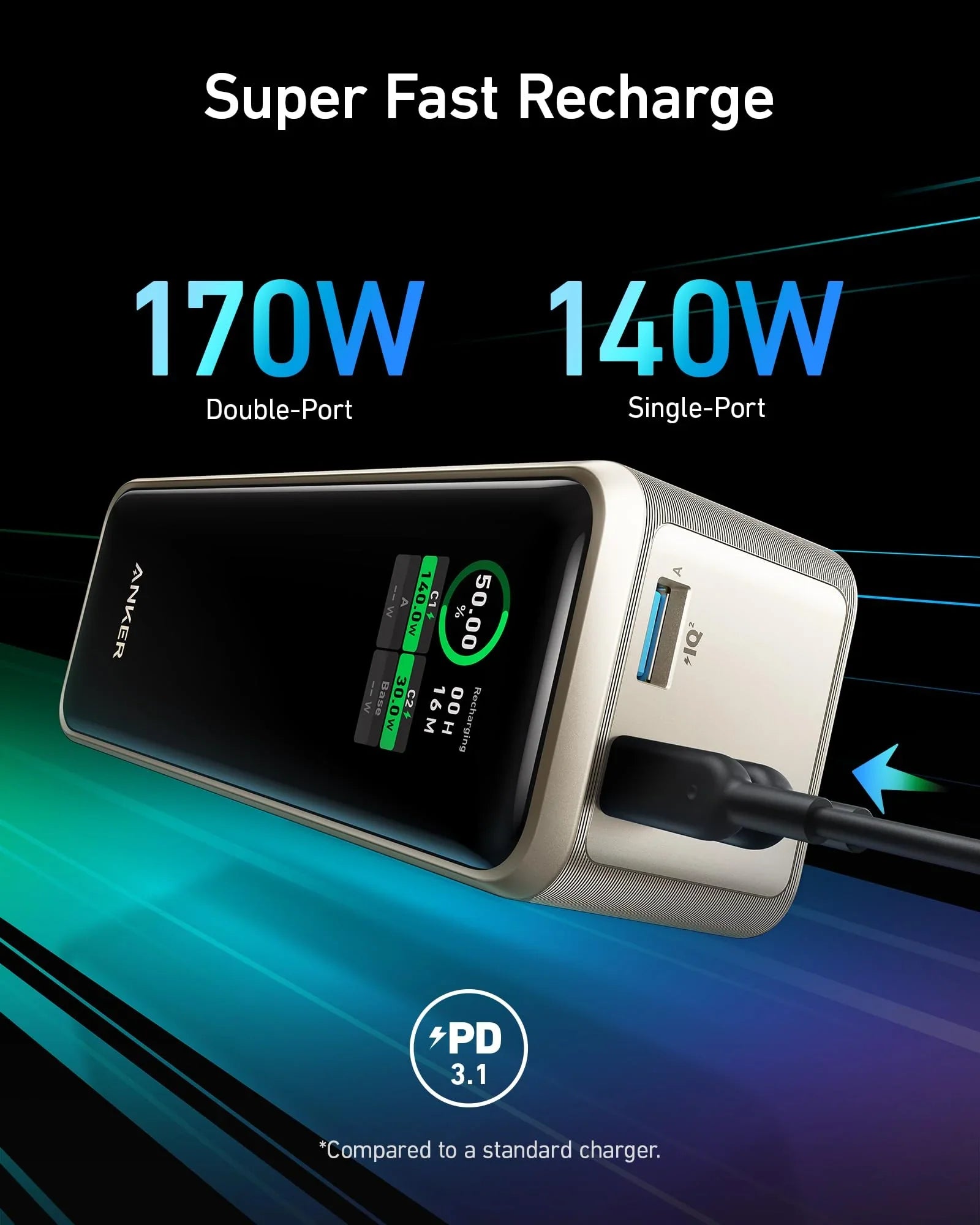 Black Anker Prime Power Bank 27K 250W portable charging device with multiple ports for fast device recharging.