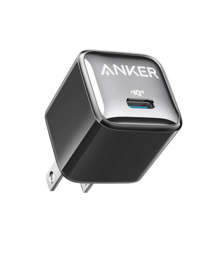 Anker Nano 20W charger in black, compact charging device with USB-C port for fast smartphone and device charging.