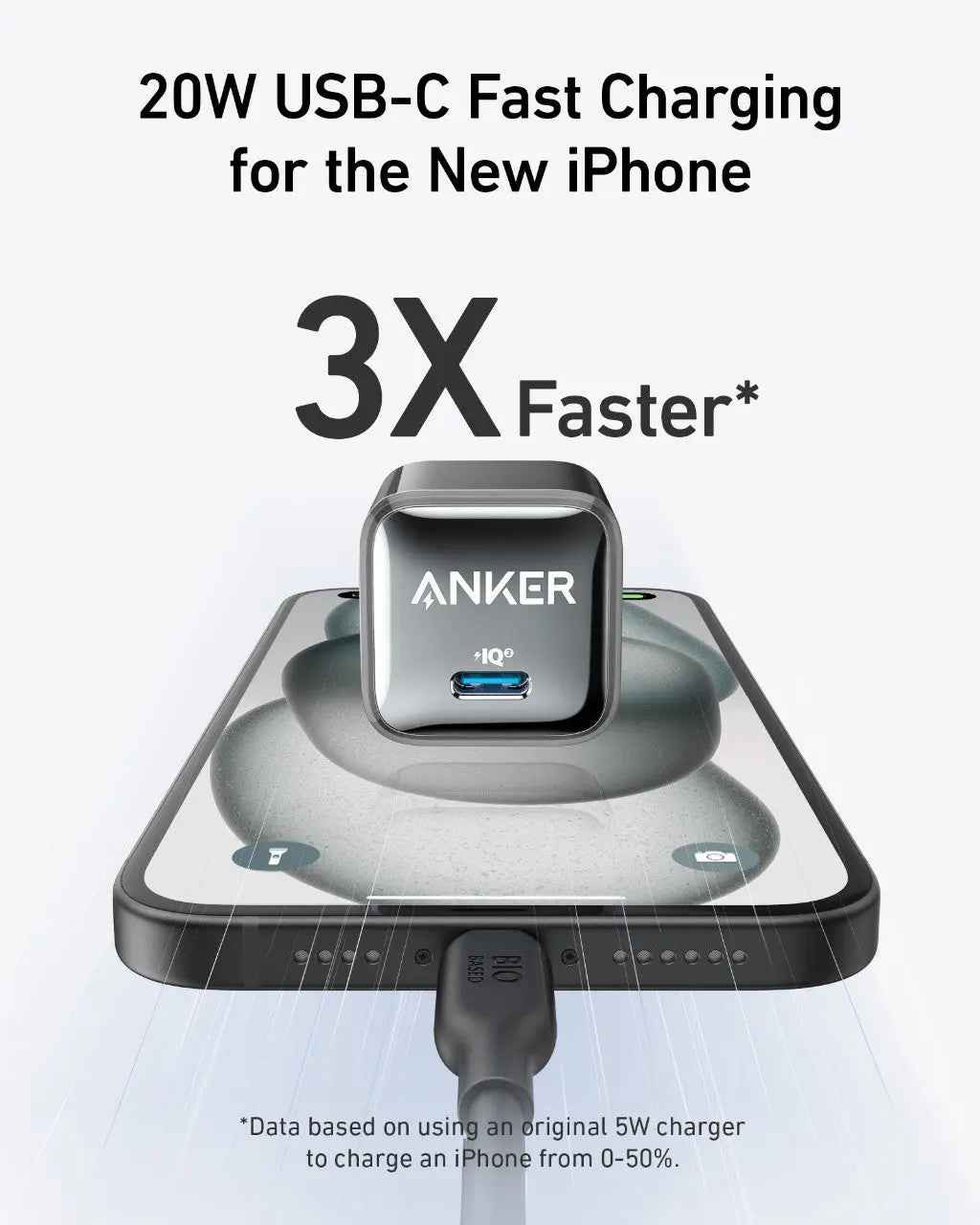 Black Anker Nano Charger 20W for fast charging, compact and lightweight power adapter for smartphones and devices.
