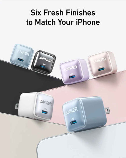 Black Anker Nano 20W charger for fast charging devices, compact and portable charging accessory.