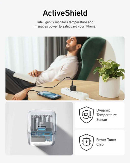 Anker Nano 20W charger in black, compact charging device with USB-C port for fast charging and portable design.