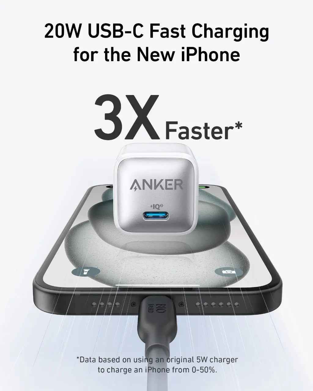 Anker Nano 20W fast charger in black, compact charging device with USB-C port for quick device power-up.