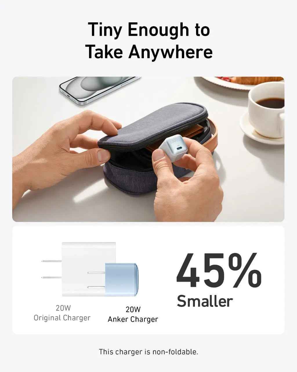 Anker Nano 20W charger in black, compact charging device with USB-C port for fast charging smartphones and devices.