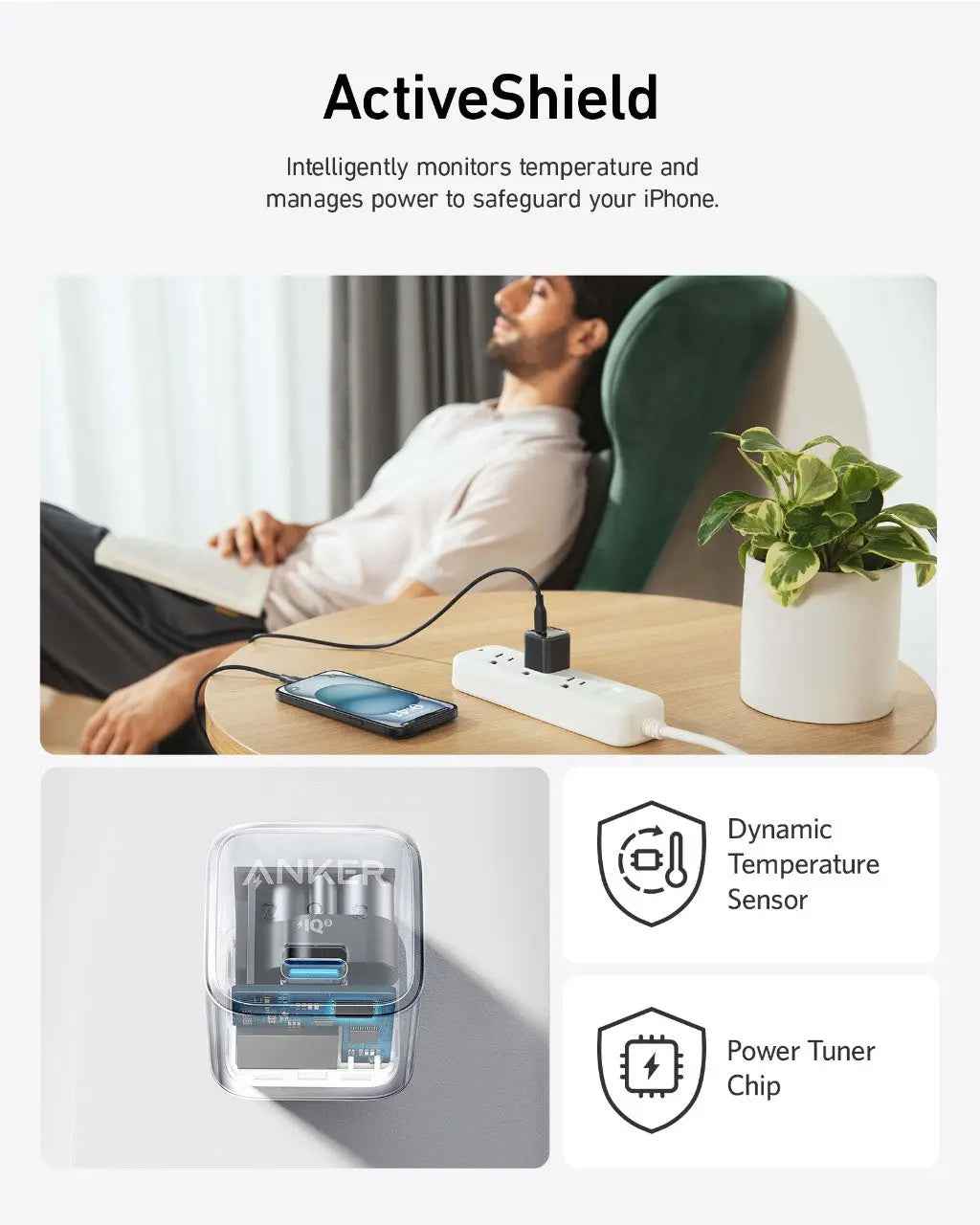 Anker Nano Charger 20W in black, compact charging device with USB-C port for fast charging smartphones and devices.