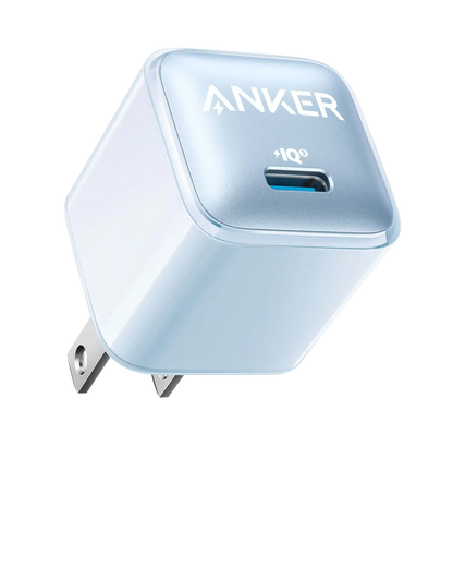 Anker Nano 20W charger in black, compact design for fast charging smartphones and devices.