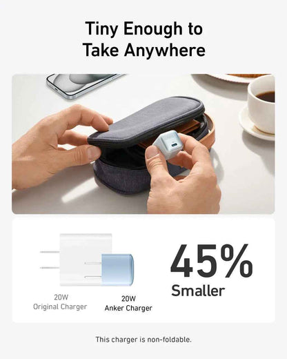 Anker Nano 20W charger in black, compact charging device for fast power delivery, designed for efficient mobile device charging.