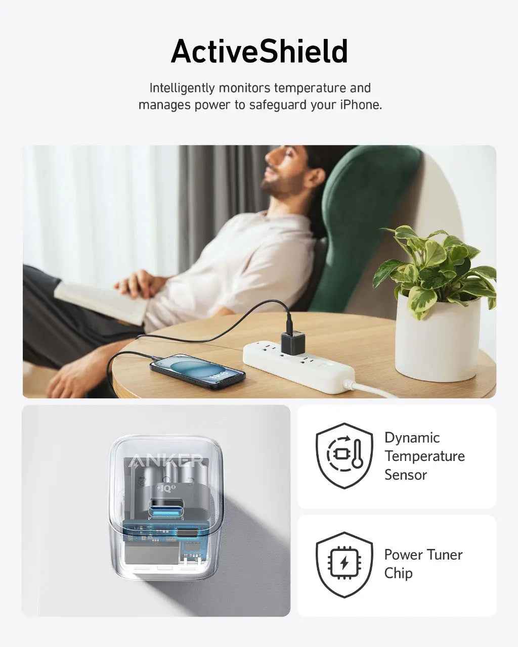 Anker Nano 20W charger in black, compact charging device with USB-C port, designed for fast charging smartphones and gadgets.