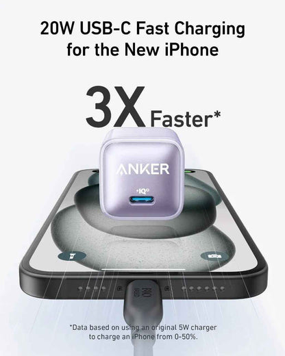 Anker Nano 20W charger in black, compact charging device with USB-C port, designed for fast charging smartphones and devices.