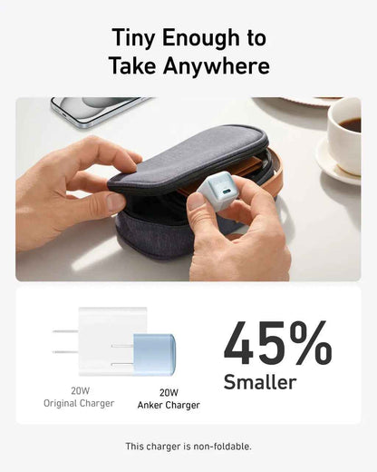 Anker Nano 20W charger in black, compact charging device with USB-C port, designed for fast smartphone charging.