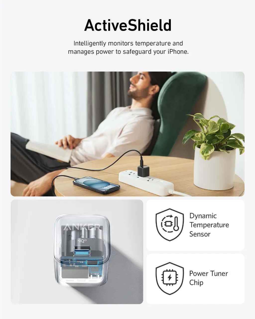 Anker Nano 20W charger for fast charging, shown in black, compact design, ideal for smartphones and compatible devices.