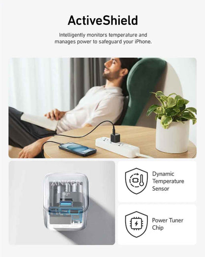 Anker Nano 20W charger for fast charging, shown in black, compact design, ideal for smartphones and compatible devices.