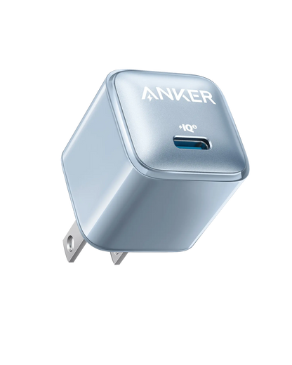 Anker Nano 20W charger in black, compact charging device with USB-C port, designed for fast charging smartphones and devices.