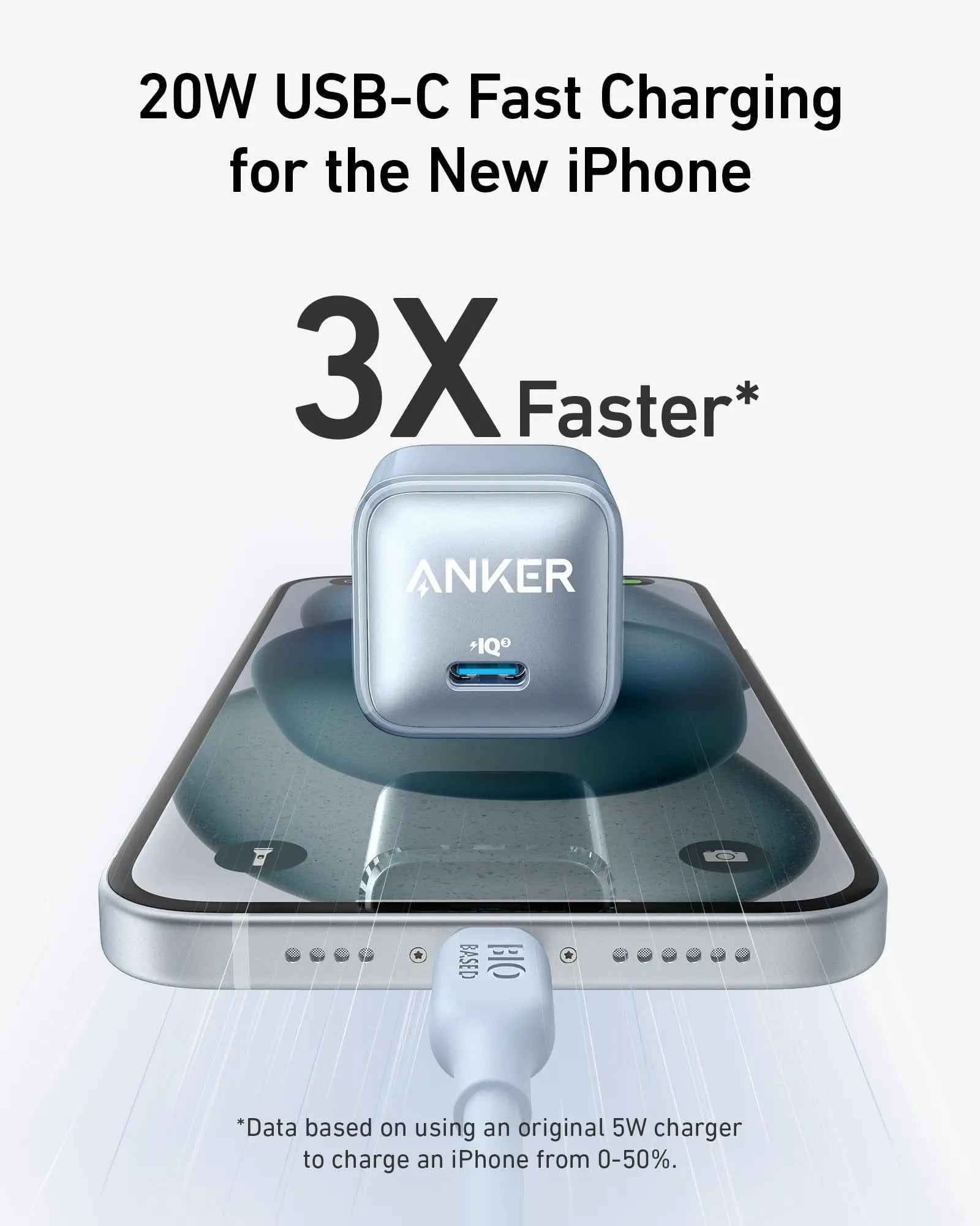 Anker Nano 20W charger in black, compact and portable charging device for smartphones and tablets.
