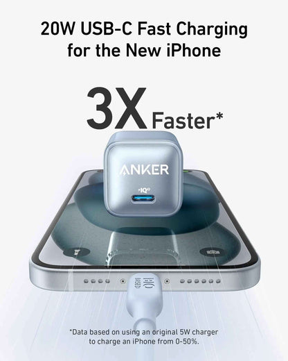 Anker Nano 20W charger in black, compact and portable charging device for smartphones and tablets.