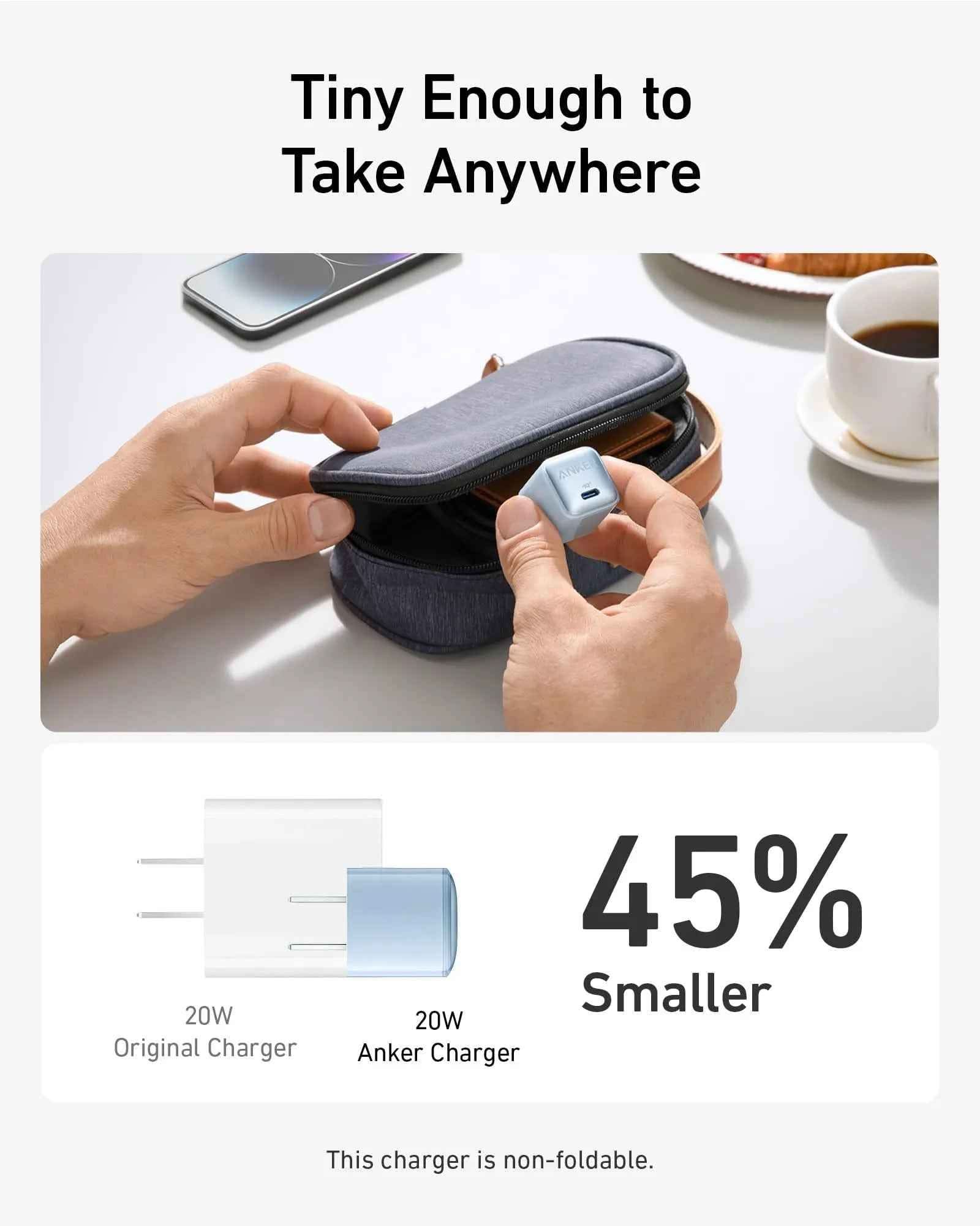 Anker Nano 20W charging-only black USB-C wall charger on a white surface