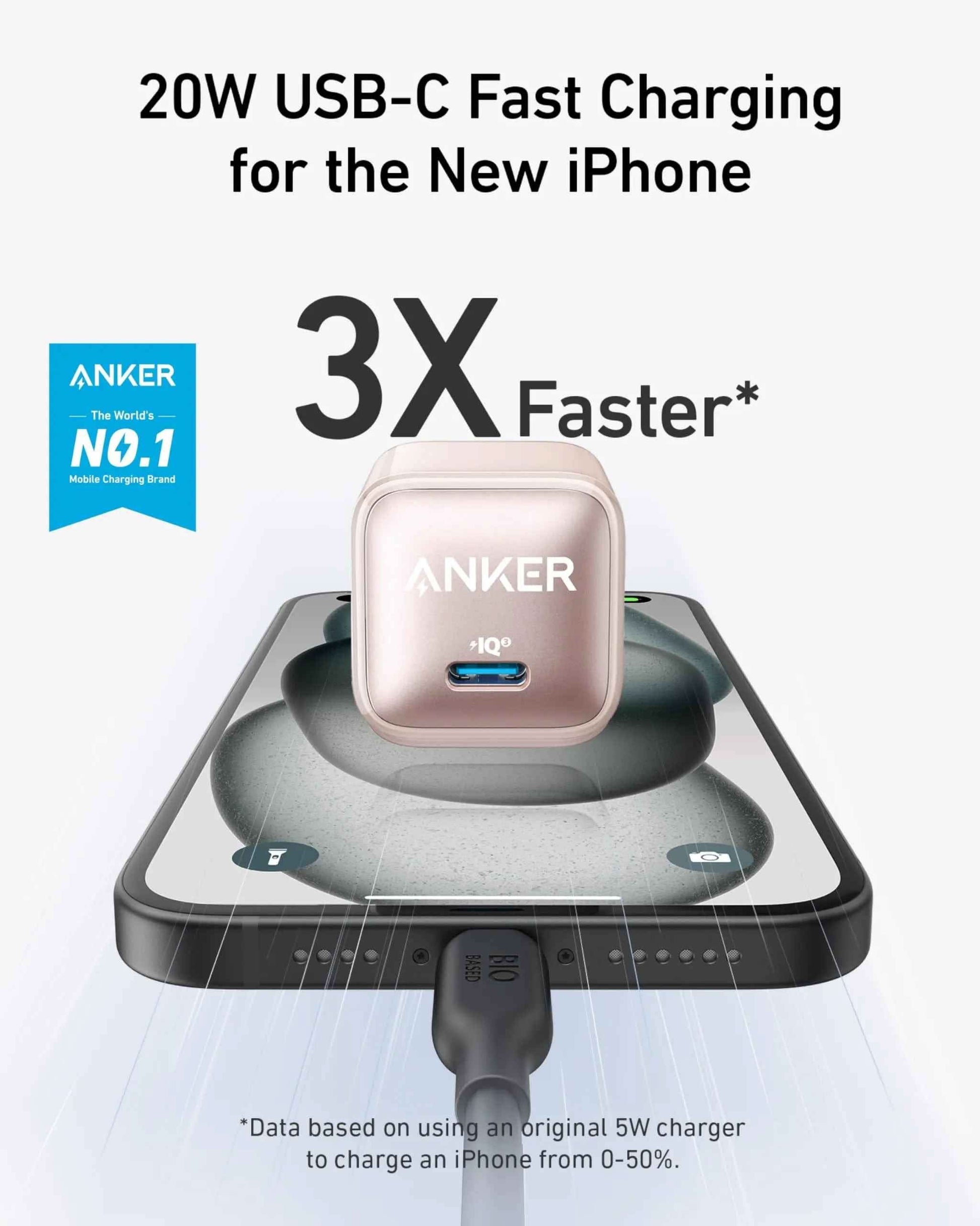 Anker Nano 20W charger in black, compact charging device with USB-C port for fast charging smartphones and devices.