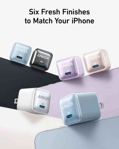 Anker Nano 20W charger in black, compact charging device for fast power delivery, shown on a white surface.