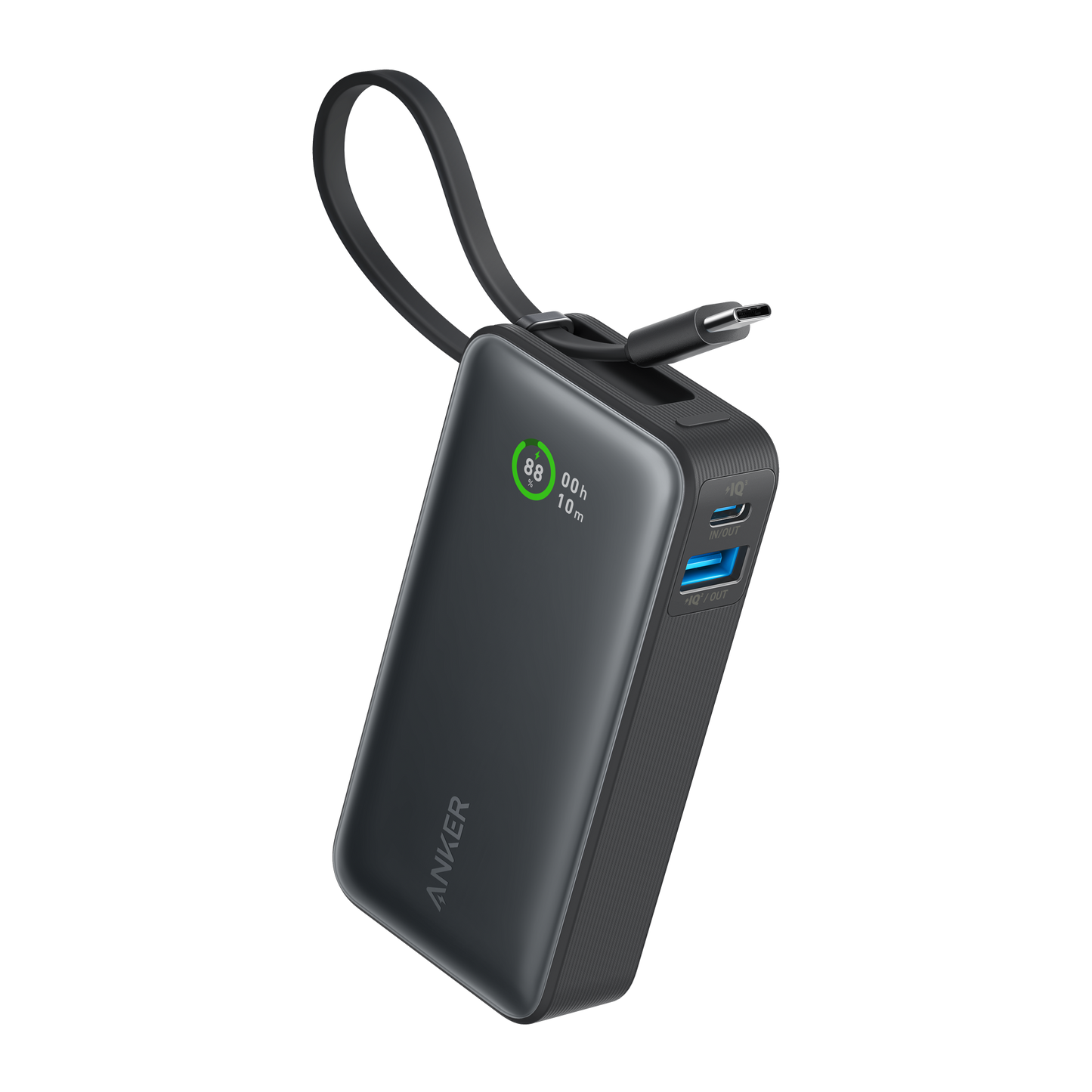 Anker Nano Power Bank in black with built-in USB-C cable, 30W portable charging device for smartphones and tablets.