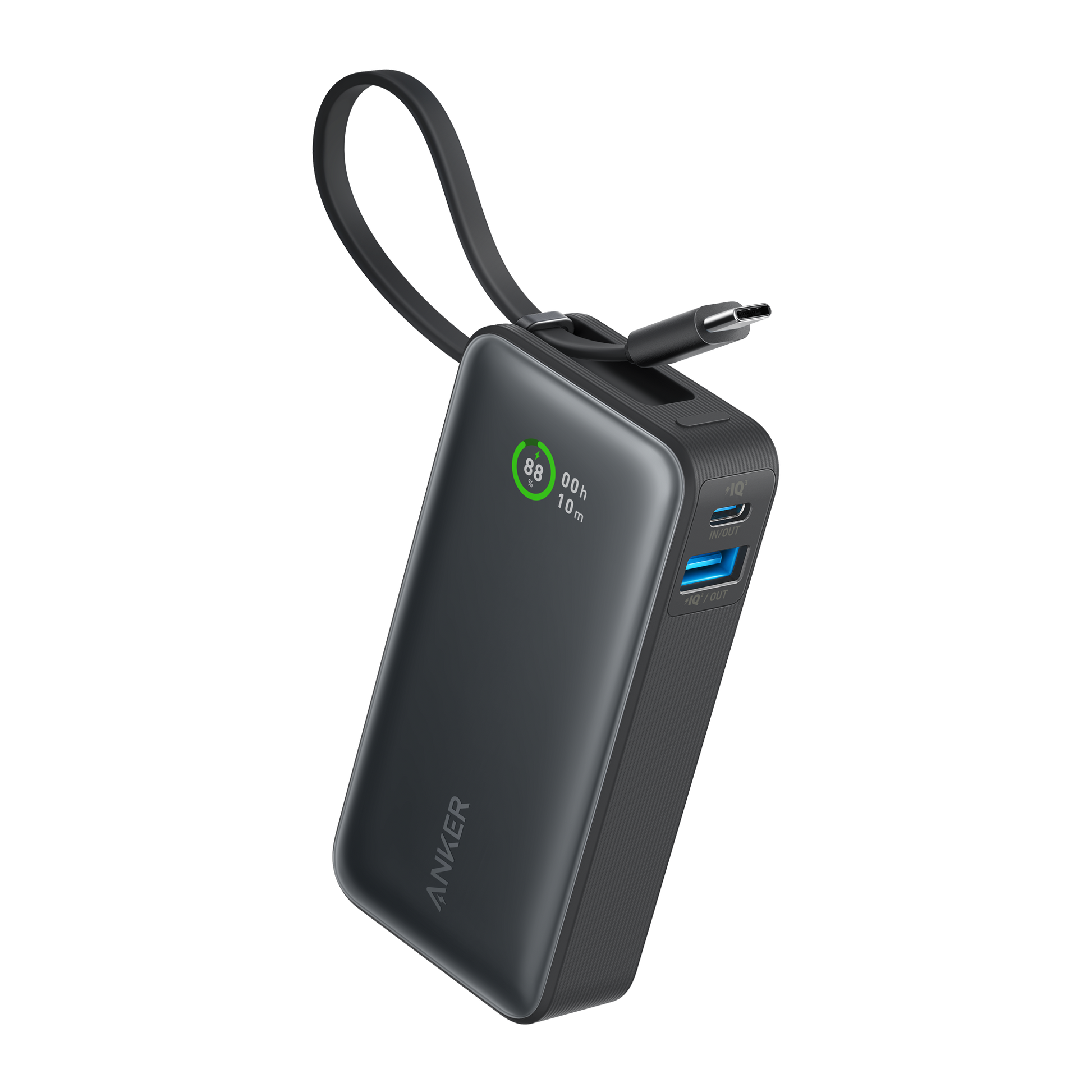 Anker Nano Power Bank in black with built-in USB-C cable, 30W portable charging device for smartphones and tablets.