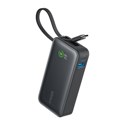 Anker Nano Power Bank in black with built-in USB-C cable, 30W portable charging device for smartphones and tablets.