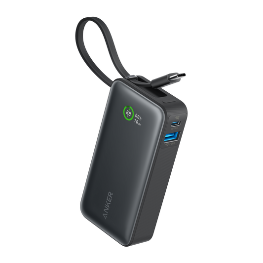 Anker Nano 30W power bank with built-in USB-C cable for portable charging and power on the go.