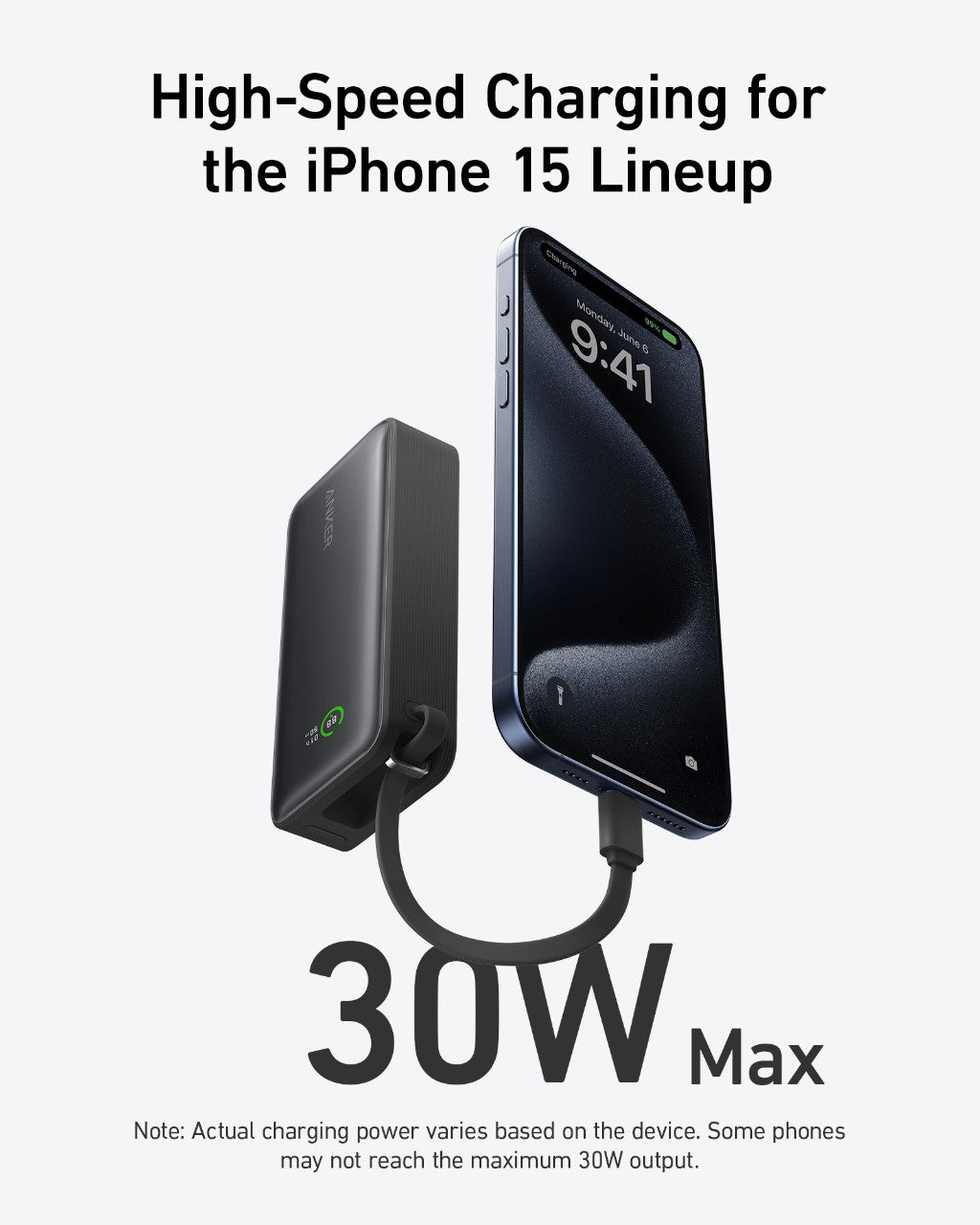 Anker Nano 30W power bank with built-in USB-C cable, compact black portable charger for charging devices.
