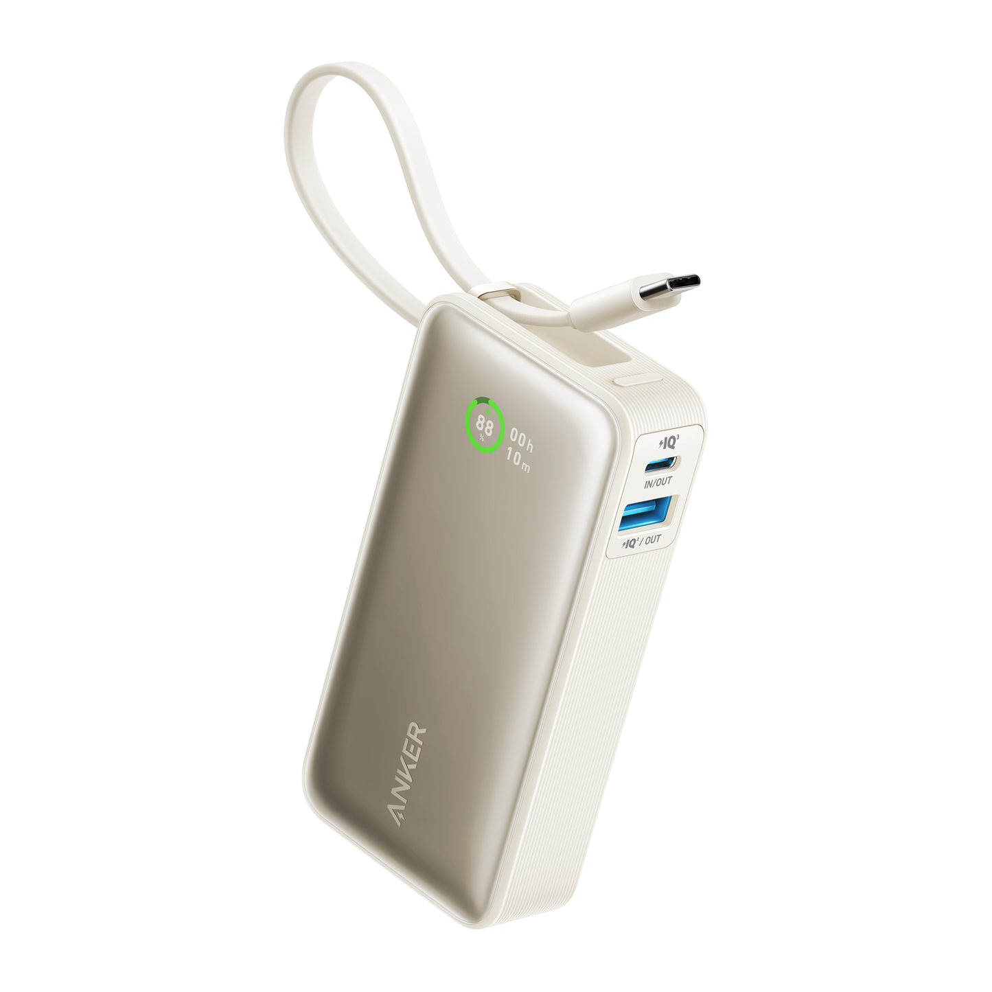 Anker Nano Power Bank 30W with built-in USB-C cable, compact black portable charger for quick device charging.