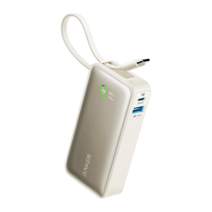 Anker Nano Power Bank 30W with built-in USB-C cable, compact black portable charger for quick device charging.
