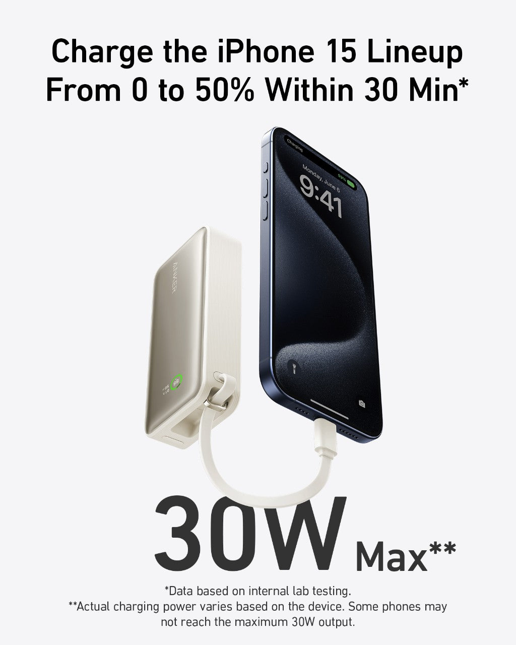 Anker Nano Power Bank in black with built-in USB-C cable, 30W portable charging device on a stone surface.