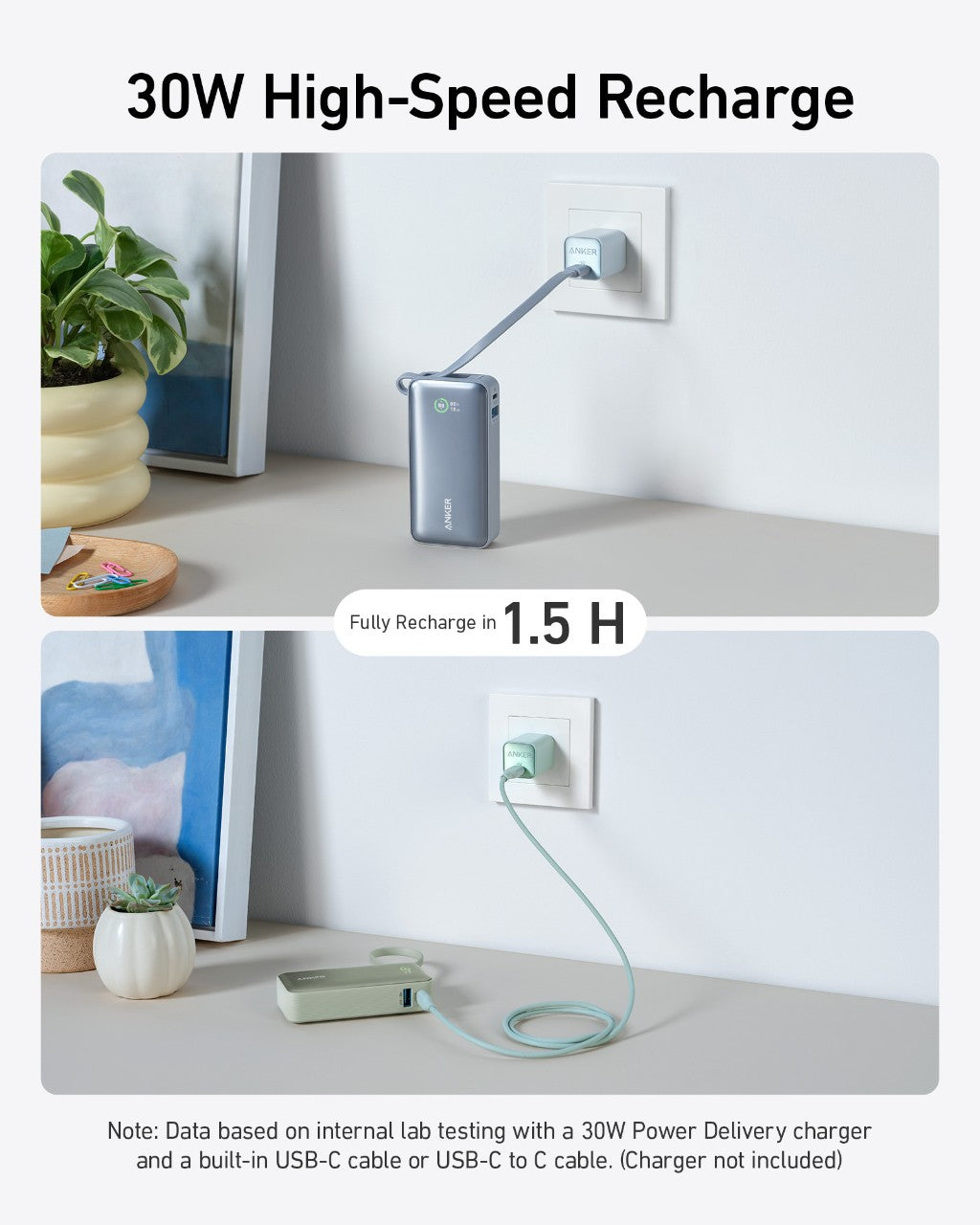 Anker Nano 30W power bank in black with built-in USB-C cable for charging devices on the go.