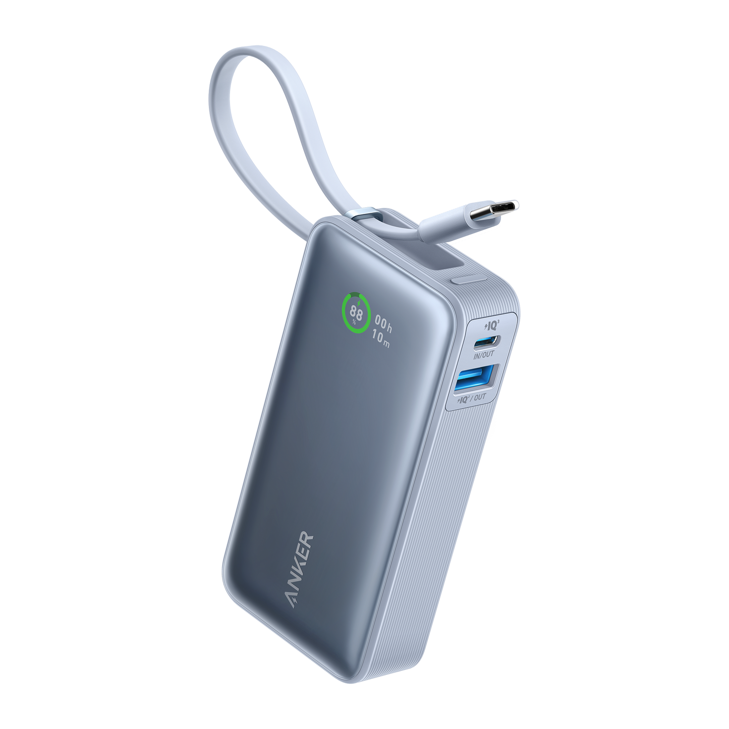 Anker Nano Power Bank in black with built-in USB-C cable, 30W portable charging device for smartphones and devices.