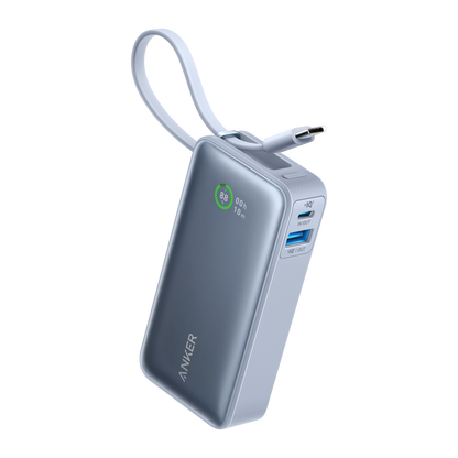 Anker Nano Power Bank in black with built-in USB-C cable, 30W portable charging device for smartphones and devices.