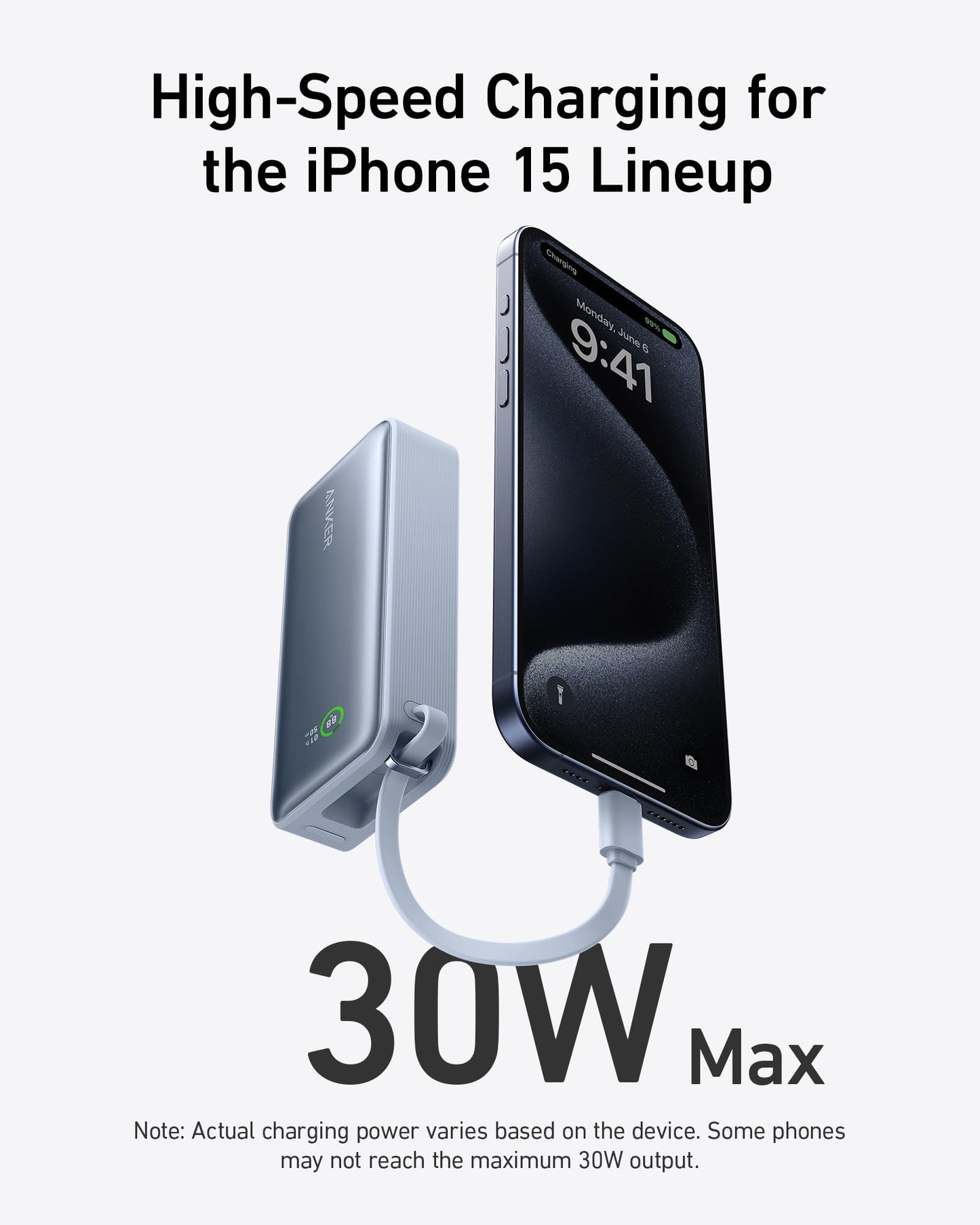Anker Nano Power Bank in black with built-in USB-C cable, 30W portable charging device for smartphones and devices.